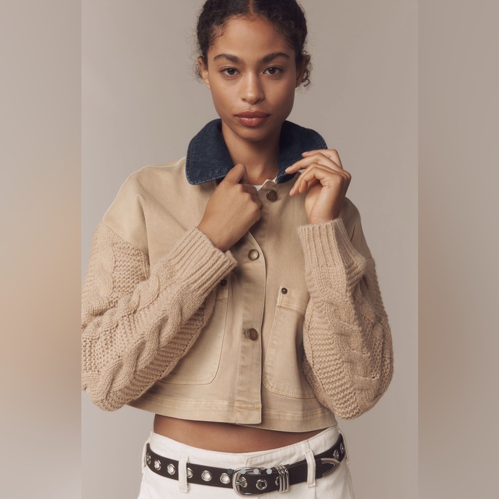 Avec Les Filles Beige Cropped Jacket with Dark Blue Collar - Picture 2 of 8